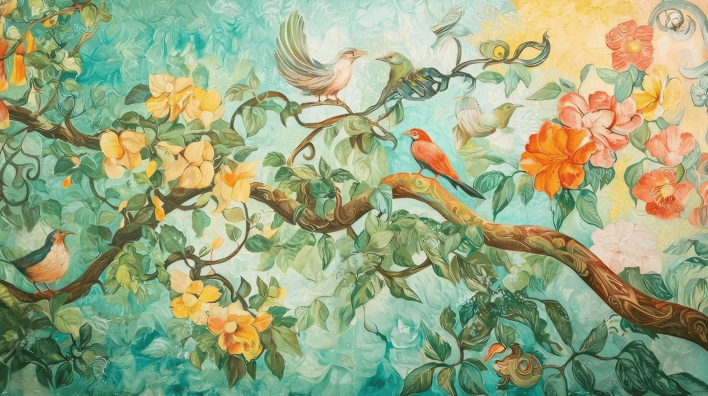 Selbstklebende Fototapete für Zuhause in kräftigen Farben mit Papageien und Blumen „Papageien und Blumen“
