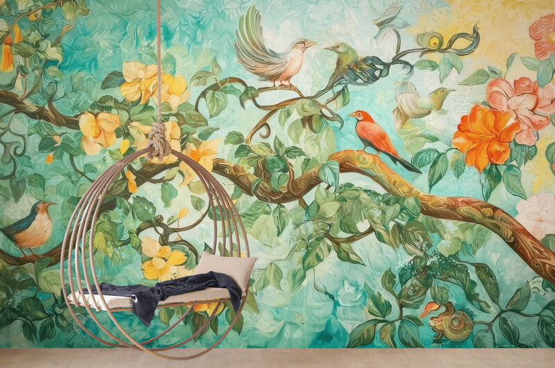 Selbstklebende Fototapete für Zuhause in kräftigen Farben mit Papageien und Blumen „Papageien und Blumen“