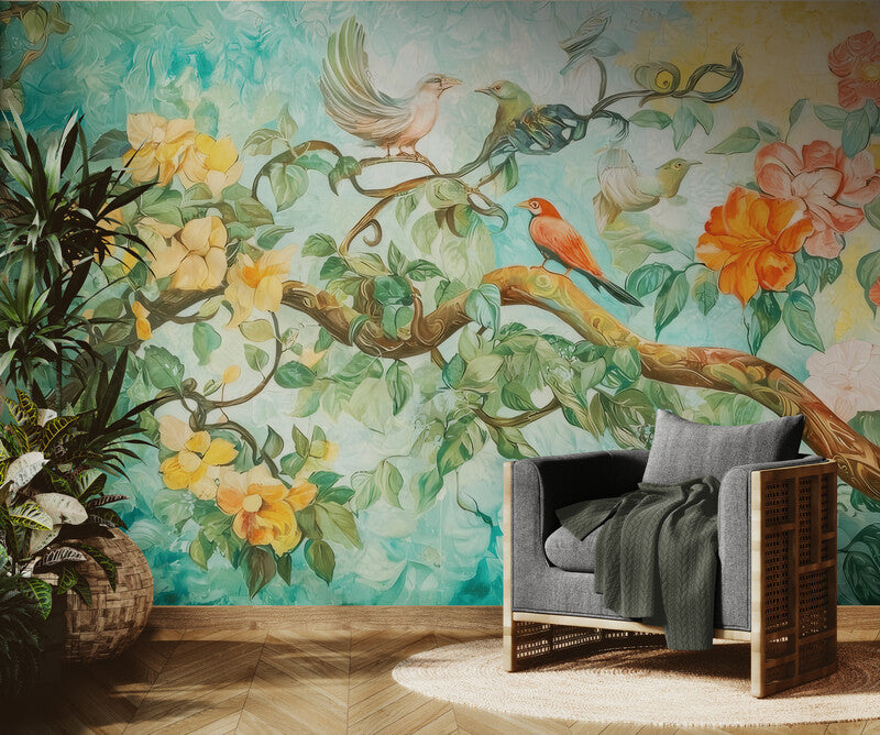 Selbstklebende Fototapete für Zuhause in kräftigen Farben mit Papageien und Blumen „Papageien und Blumen“