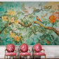 Selbstklebende Fototapete für Zuhause in kräftigen Farben mit Papageien und Blumen „Papageien und Blumen“