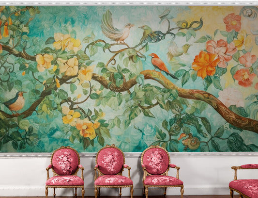 Selbstklebende Fototapete für Zuhause in kräftigen Farben mit Papageien und Blumen „Papageien und Blumen“