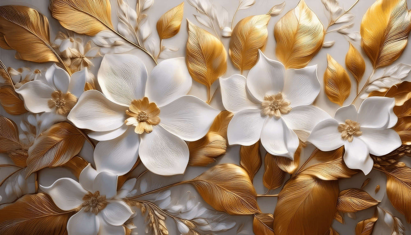 Große Fototapete mit 3D-Blumenmotiv in Weiß-Gold für die Wand „Große weiß-goldene Blumen“