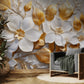 Große Fototapete mit 3D-Blumenmotiv in Weiß-Gold für die Wand „Große weiß-goldene Blumen“