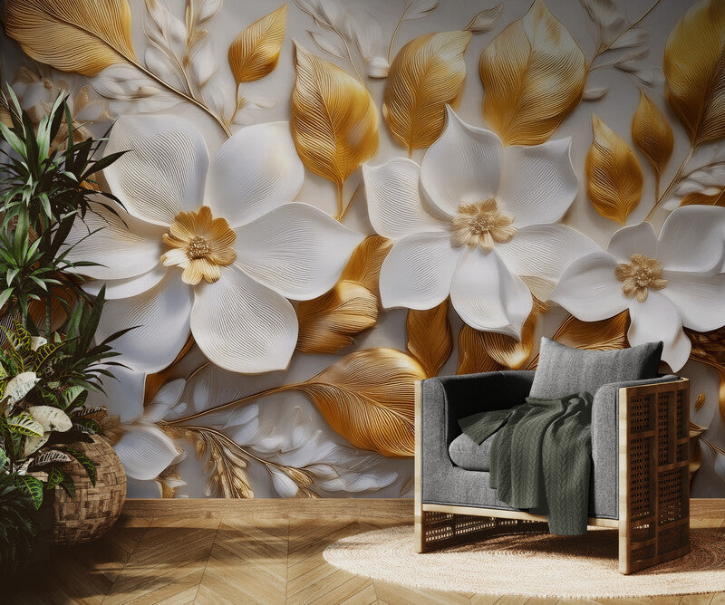 Große Fototapete mit 3D-Blumenmotiv in Weiß-Gold für die Wand „Große weiß-goldene Blumen“