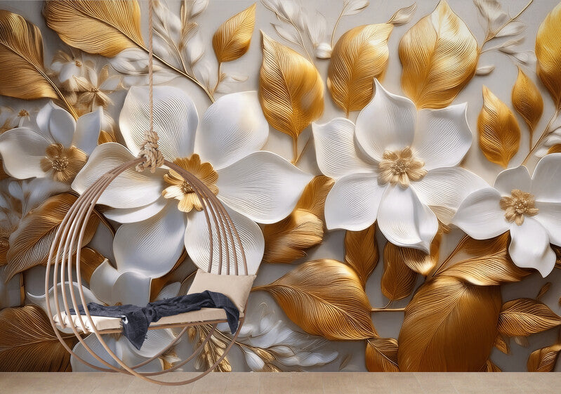 Große Fototapete mit 3D-Blumenmotiv in Weiß-Gold für die Wand „Große weiß-goldene Blumen“