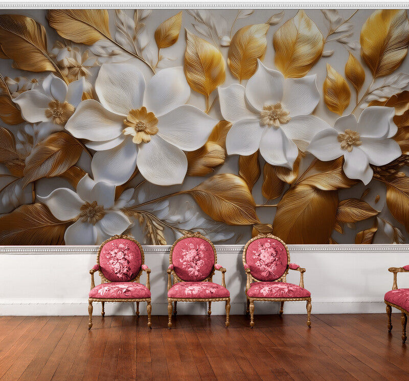 Große Fototapete mit 3D-Blumenmotiv in Weiß-Gold für die Wand „Große weiß-goldene Blumen“