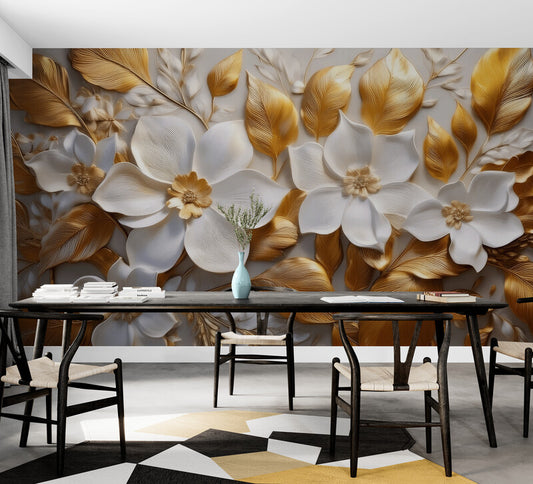 Große Fototapete mit 3D-Blumenmotiv in Weiß-Gold für die Wand „Große weiß-goldene Blumen“