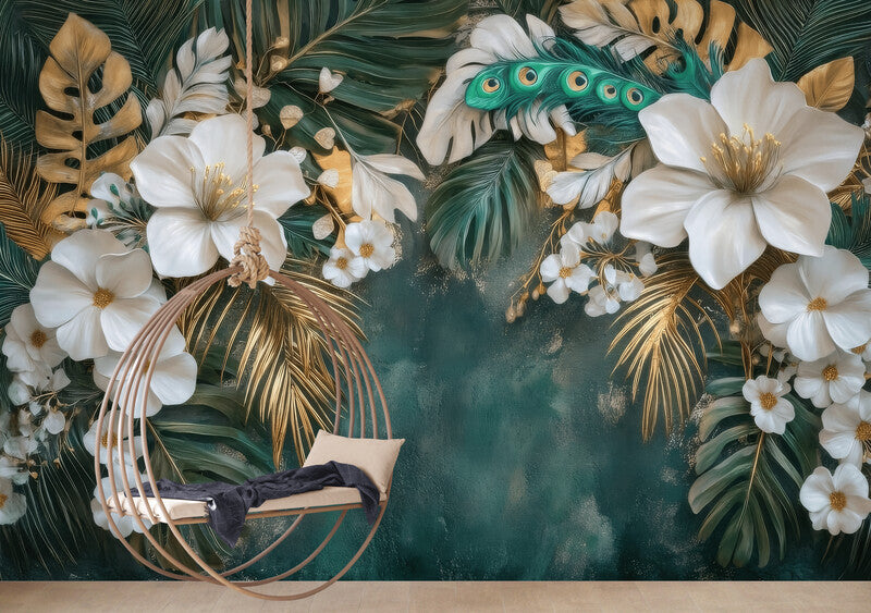 Fototapete auf Leinwand mit großen 3D-Blumen, tropisches Blumenmotiv für die Wand „Weiße Blumen in den Tropen“