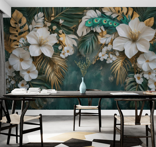 Fototapete auf Leinwand mit großen 3D-Blumen, tropisches Blumenmotiv für die Wand „Weiße Blumen in den Tropen“
