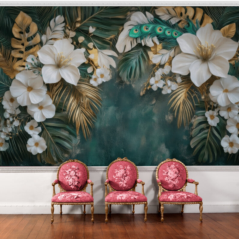 Fototapete auf Leinwand mit großen 3D-Blumen, tropisches Blumenmotiv für die Wand „Weiße Blumen in den Tropen“