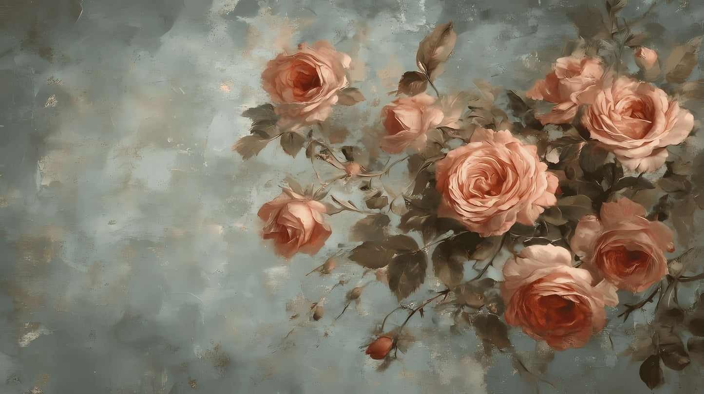 Neutrale Fototapete mit Rosen, dezentes florales Wandmotiv für Wohnräume „Blütenzweig“