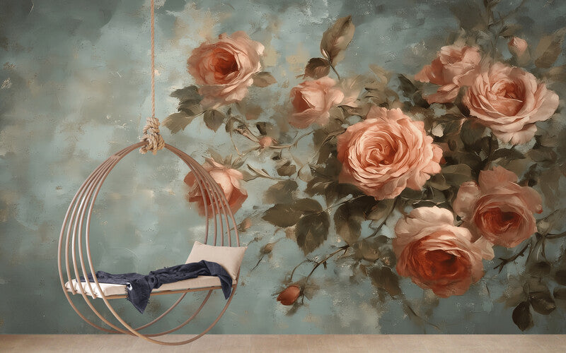 Neutrale Fototapete mit Rosen, dezentes florales Wandmotiv für Wohnräume „Blütenzweig“