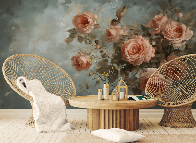 Neutrale Fototapete mit Rosen, dezentes florales Wandmotiv für Wohnräume „Blütenzweig“