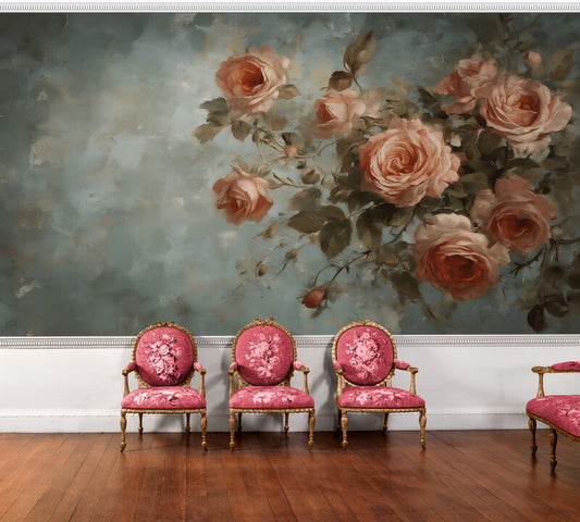 Neutrale Fototapete mit Rosen, dezentes florales Wandmotiv für Wohnräume „Blütenzweig“