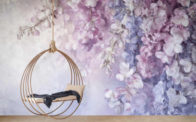 Zarte Fototapete mit Fliederzweig, florales Motiv für die Wand „Blühender Flieder“