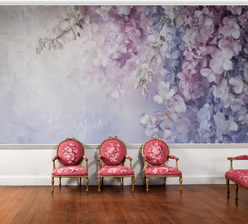 Zarte Fototapete mit Fliederzweig, florales Motiv für die Wand „Blühender Flieder“