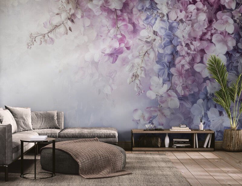 Zarte Fototapete mit Fliederzweig, florales Motiv für die Wand „Blühender Flieder“
