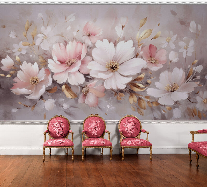 Fototapete mit zarten Blumen in Rosa, florales Wandmotiv „Süße Blumen“