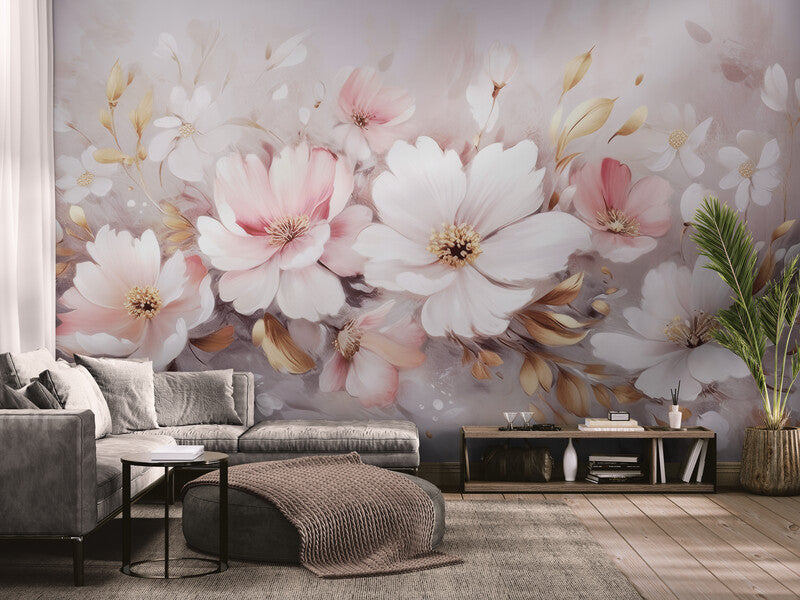 Fototapete mit zarten Blumen in Rosa, florales Wandmotiv „Süße Blumen“