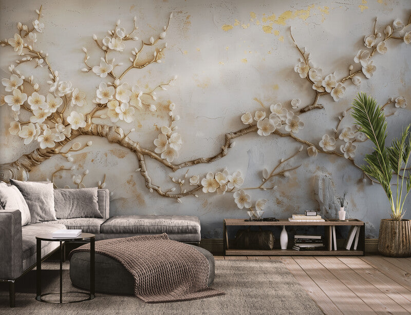 Moderne Fototapete mit 3D-Motiv, blühender Sakura-Zweig für die Wand „Frühling“