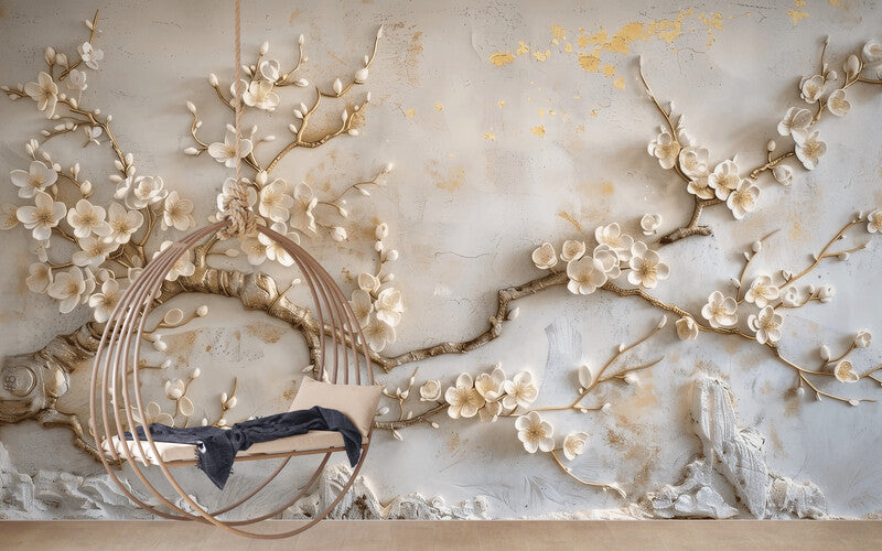 Moderne Fototapete mit 3D-Motiv, blühender Sakura-Zweig für die Wand „Frühling“