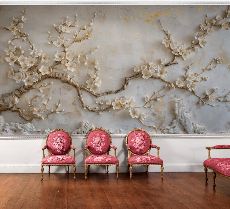 Moderne Fototapete mit 3D-Motiv, blühender Sakura-Zweig für die Wand „Frühling“