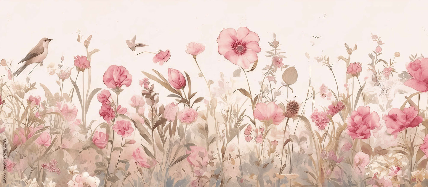 Selbstklebende Fototapete mit zarten rosa Blumen, florales Wandmotiv „Blumenfeld“