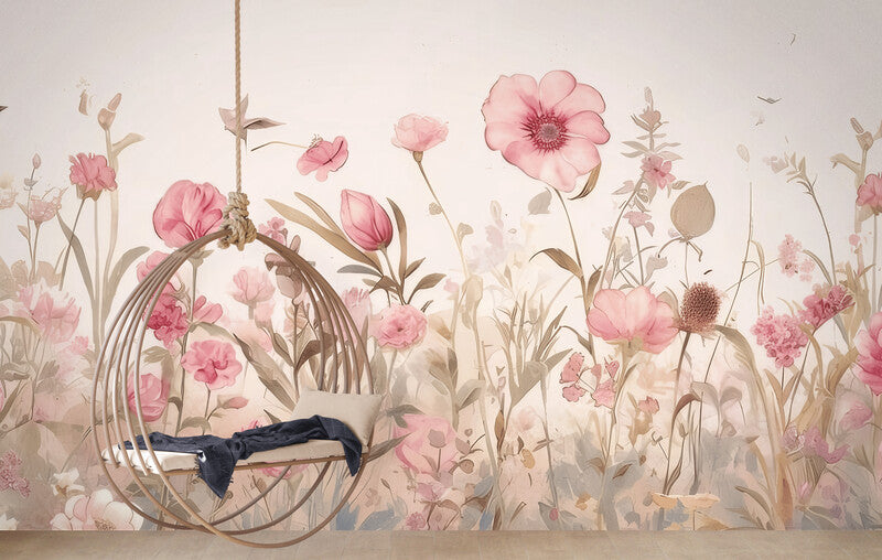 Selbstklebende Fototapete mit zarten rosa Blumen, florales Wandmotiv „Blumenfeld“