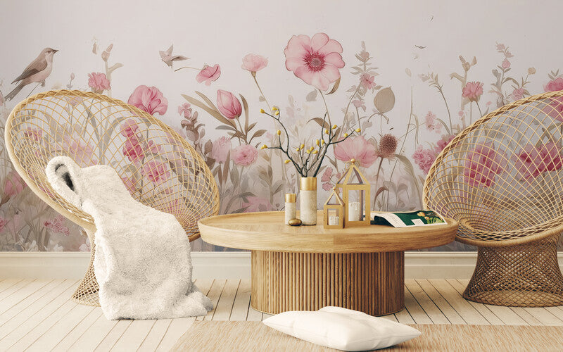 Selbstklebende Fototapete mit zarten rosa Blumen, florales Wandmotiv „Blumenfeld“