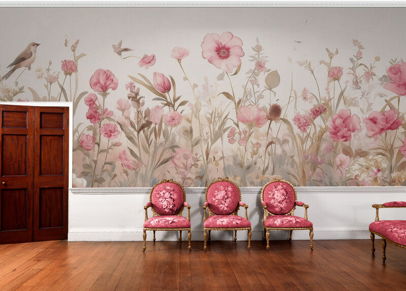 Selbstklebende Fototapete mit zarten rosa Blumen, florales Wandmotiv „Blumenfeld“