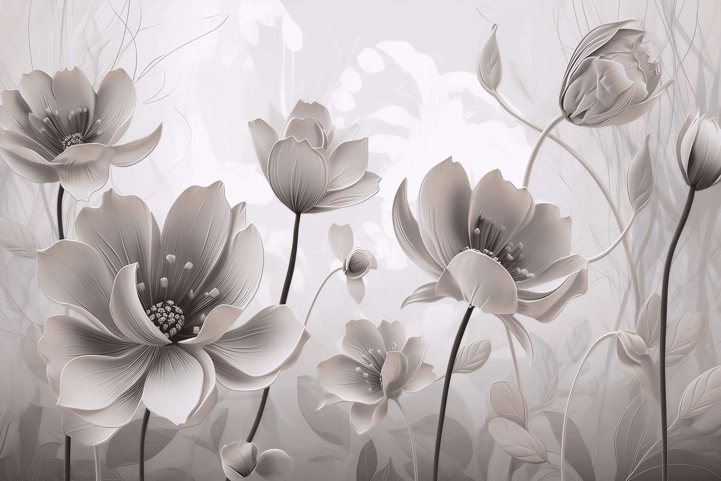 Fototapete mit 3D-Blumen in Pastelltönen, sanftes florales Wandmotiv „Große Blumen“