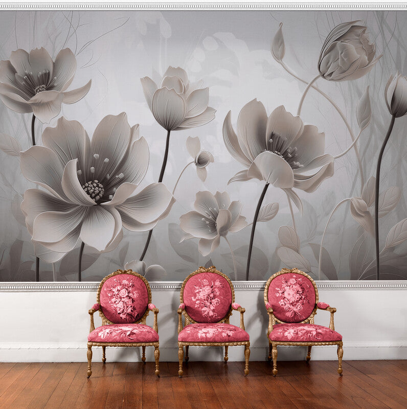 Fototapete mit 3D-Blumen in Pastelltönen, sanftes florales Wandmotiv „Große Blumen“