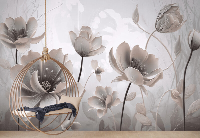 Fototapete mit 3D-Blumen in Pastelltönen, sanftes florales Wandmotiv „Große Blumen“
