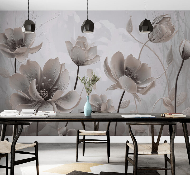 Fototapete mit 3D-Blumen in Pastelltönen, sanftes florales Wandmotiv „Große Blumen“