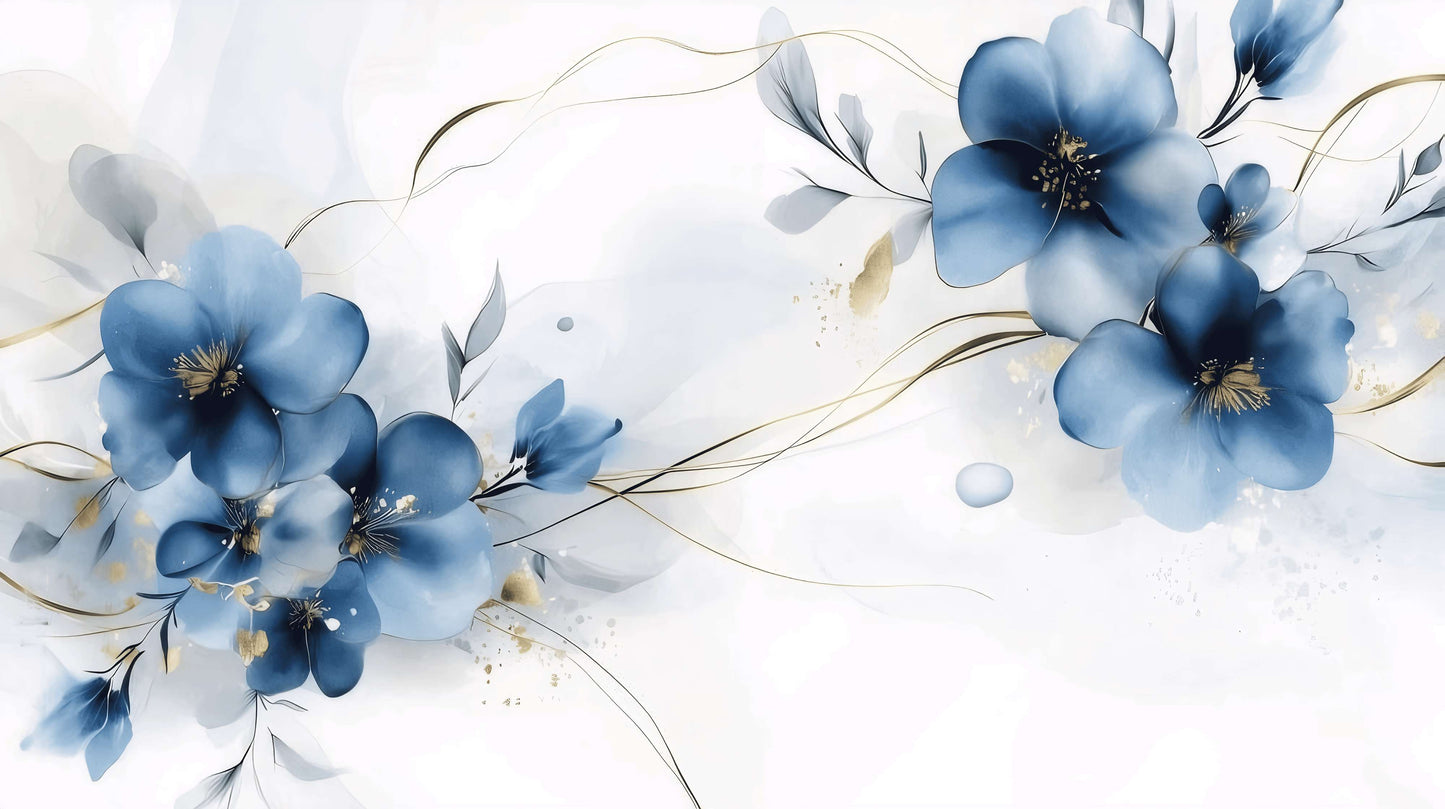 Temporäre Fototapete mit großen blauen Blumen, florales Wandmotiv „Große Vergissmeinnicht“