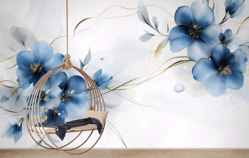 Temporäre Fototapete mit großen blauen Blumen, florales Wandmotiv „Große Vergissmeinnicht“