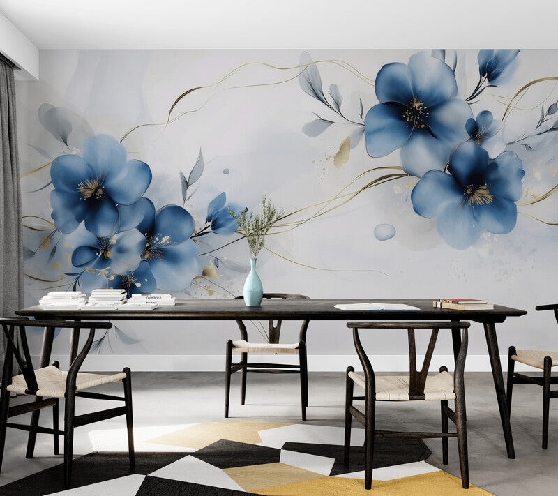 Temporäre Fototapete mit großen blauen Blumen, florales Wandmotiv „Große Vergissmeinnicht“