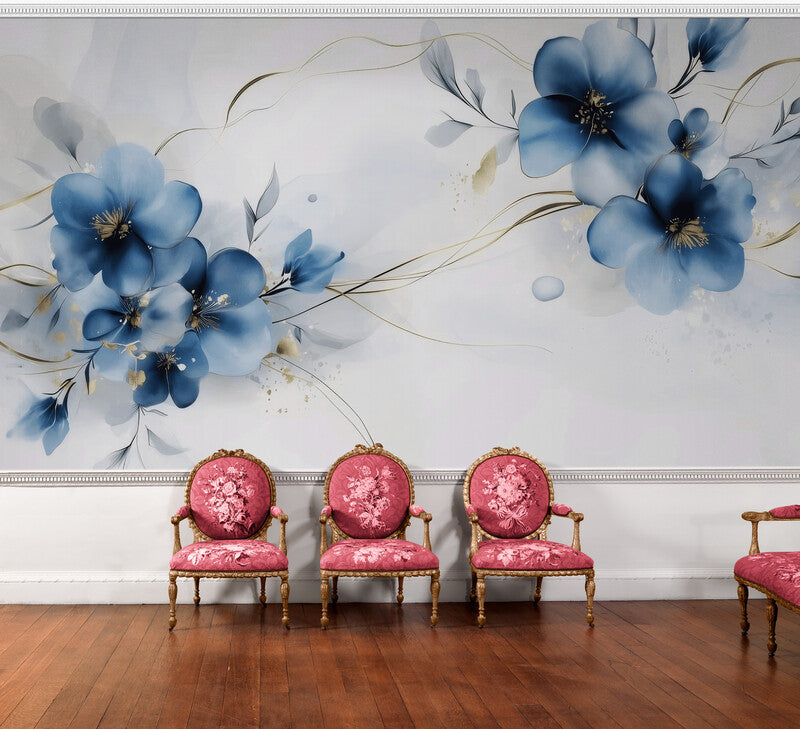 Temporäre Fototapete mit großen blauen Blumen, florales Wandmotiv „Große Vergissmeinnicht“
