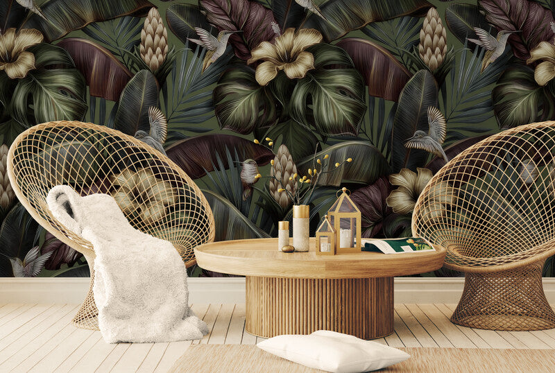 Fototapete in kräftigen Farben mit Blumen, florales Wandmotiv „Dunkle Blumen“