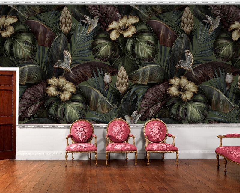 Fototapete in kräftigen Farben mit Blumen, florales Wandmotiv „Dunkle Blumen“