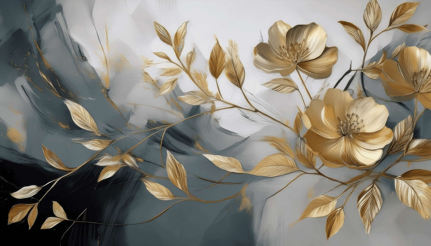 Selbstklebende Fototapete in Grau-Gold mit Blumen, florales Wandmotiv „Goldene Blumen“
