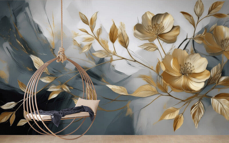 Selbstklebende Fototapete in Grau-Gold mit Blumen, florales Wandmotiv „Goldene Blumen“