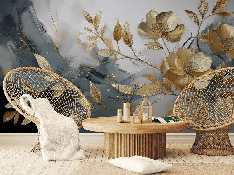 Selbstklebende Fototapete in Grau-Gold mit Blumen, florales Wandmotiv „Goldene Blumen“