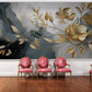 Selbstklebende Fototapete in Grau-Gold mit Blumen, florales Wandmotiv „Goldene Blumen“