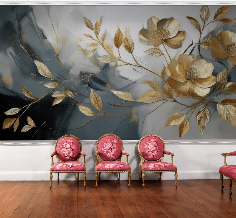 Selbstklebende Fototapete in Grau-Gold mit Blumen, florales Wandmotiv „Goldene Blumen“