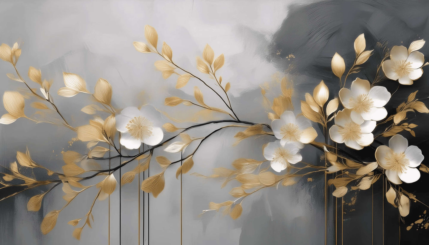 Fototapete für das Interieur in Grau-Gold „Elegante Blumen“