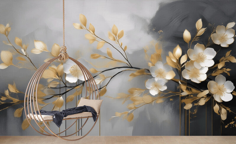 Fototapete für das Interieur in Grau-Gold „Elegante Blumen“
