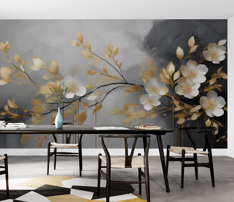 Fototapete für das Interieur in Grau-Gold „Elegante Blumen“