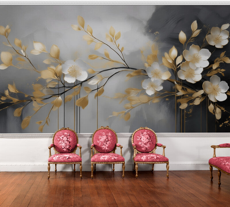 Fototapete für das Interieur in Grau-Gold „Elegante Blumen“