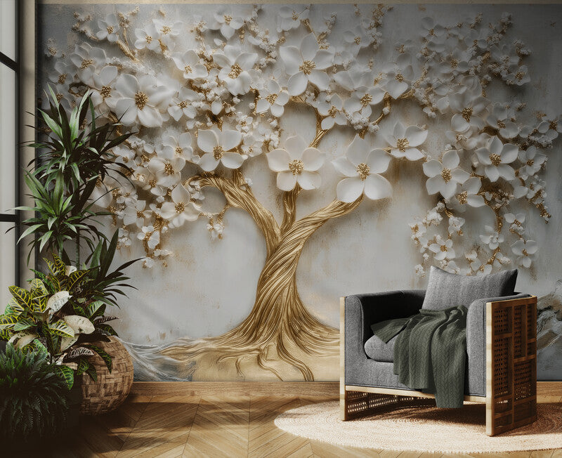 Fototapete mit 3D-Motiv, modernes Baum-Motiv für die Wand „Blühender Baum“